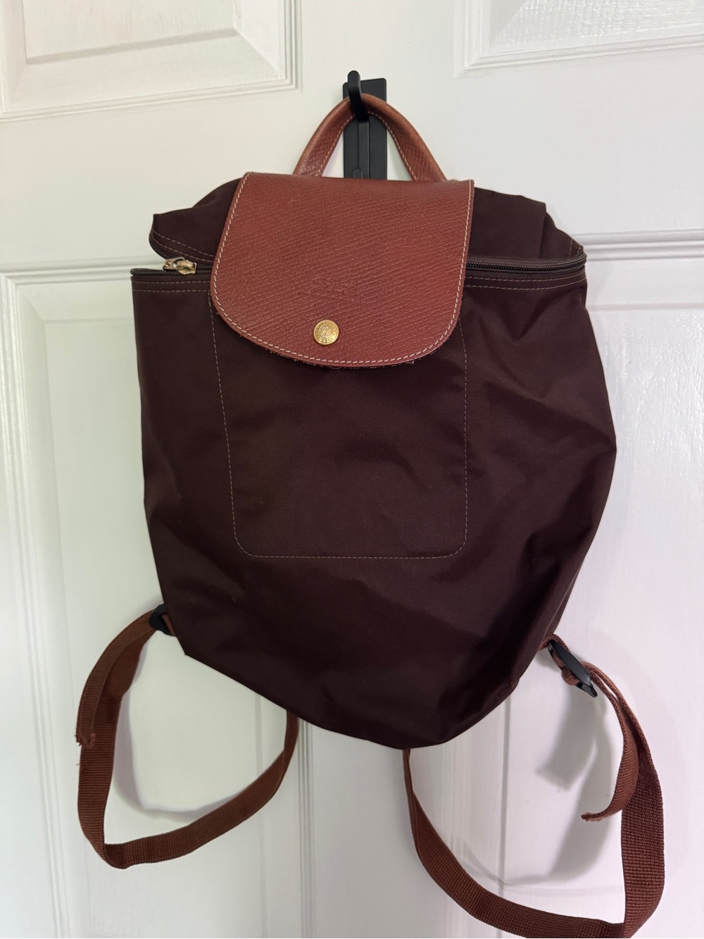 Longchamp Brown Nylon Backpack with Tan Leather Flap